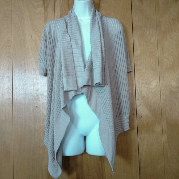 Willi Smith Women's Small Short Sleeve Rib Knit Open Front Cardigan Beige - Picture 1 of 4